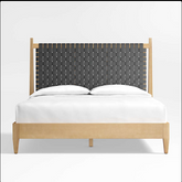 Rajasthan Niwar Solid Wood Bed With Handwoven Leather Headboard in Black